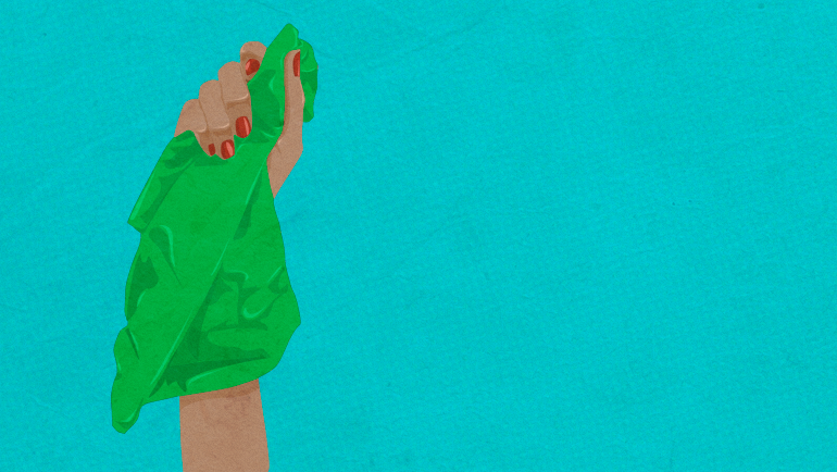 Arte em fundo azul mostra braço de uma mulher, segurando um lenço verde.