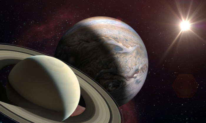 Foto mostra Júpiter e Saturno, no alinhamento da grande conjunção. Imagem: Metropoles.com