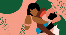Na ilustração de Linoca Souza, quatro mulheres de diferentes fenótipos se unem em um abraço. Ao fundo, vê-se desenhos de plantas e imagens abstratas.